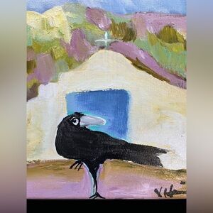 “Taos Church with Crow”“An Original ,Large acrylic Painting 14”x11”Handmade